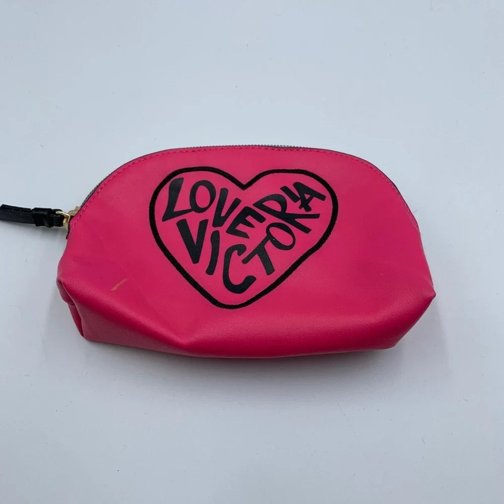 Victoria's Secret Love Victoria Beauty Makeup Bag Womens Pink Black Leather